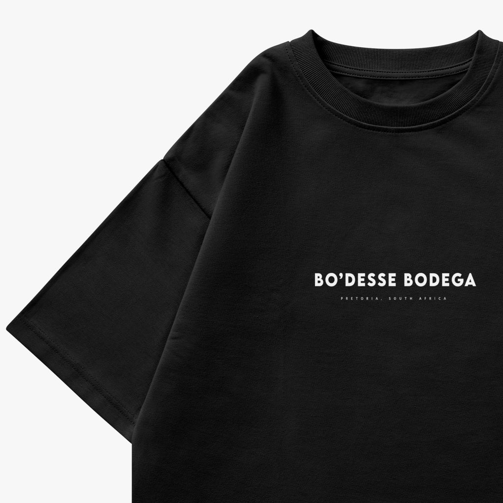 Black t-shirt with 'BO DESSE BODEGA' text on a white background